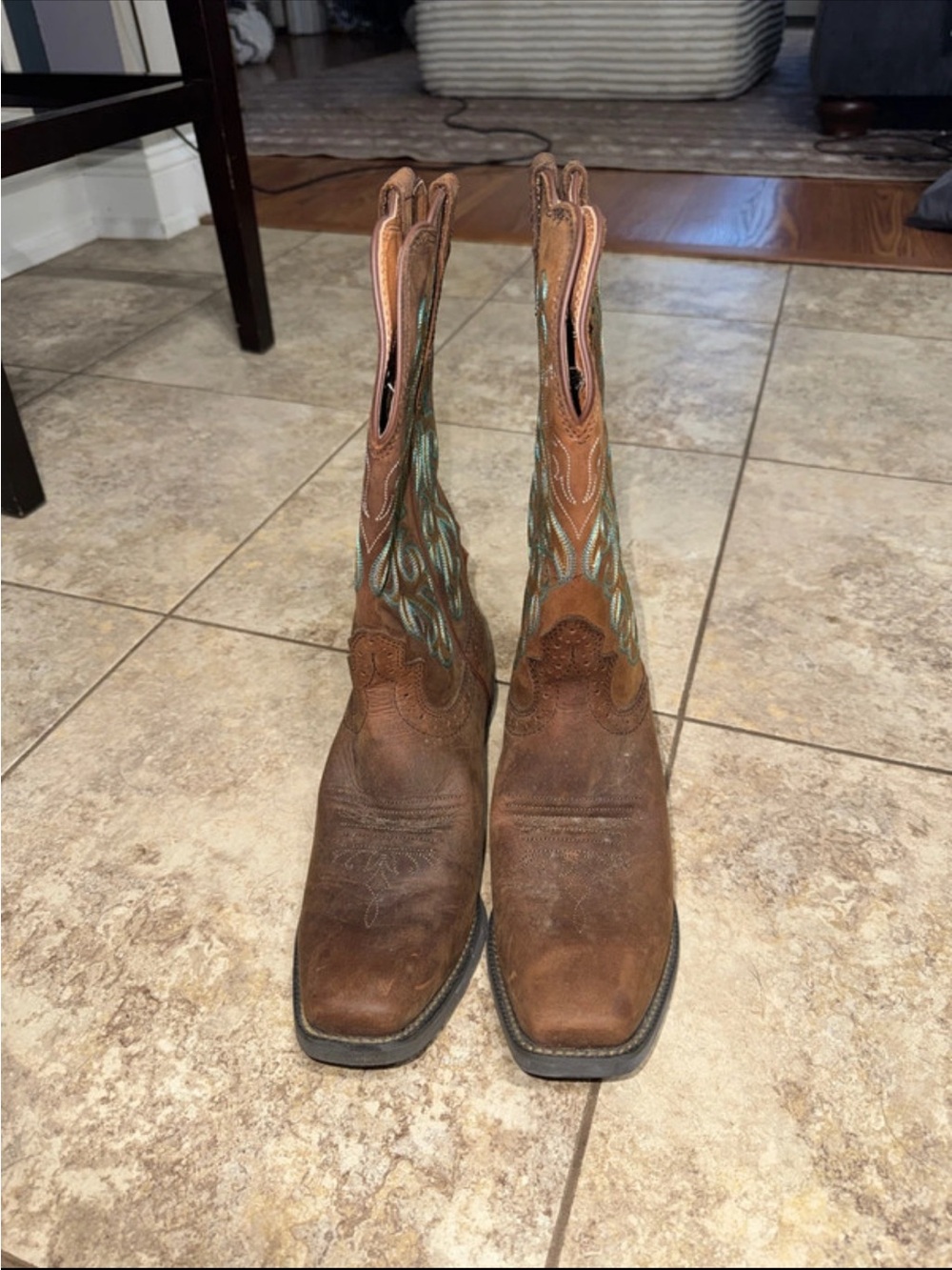 Justin Boots Brown Leather Heeled Western Boots with Teal Embroidery